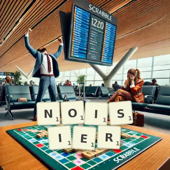 Creative illustration for a Scrabble game with the word NOISIER spelled out in tiles on the board.