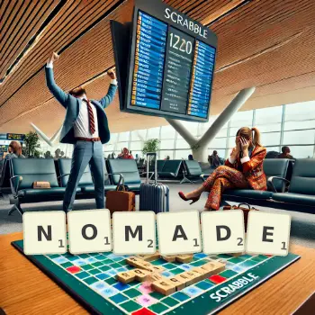 Creative illustration for a Scrabble game with the word NOMADE spelled out in tiles on the board.
