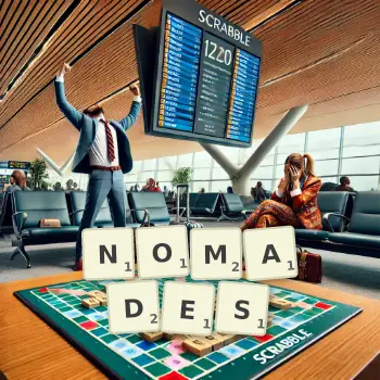 Creative illustration for a Scrabble game with the word NOMADES spelled out in tiles on the board.