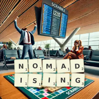 Creative illustration for a Scrabble game with the word NOMADISING spelled out in tiles on the board.
