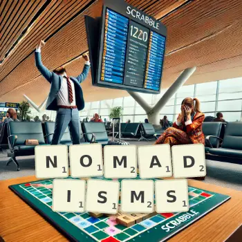 Creative illustration for a Scrabble game with the word NOMADISMS spelled out in tiles on the board.