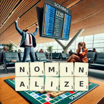 Creative illustration for a Scrabble game with the word NOMINALIZE spelled out in tiles on the board.