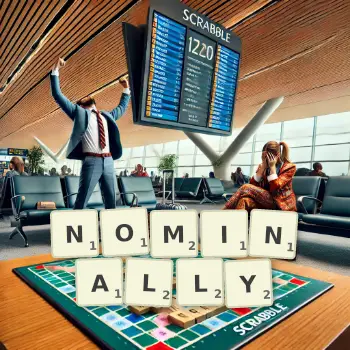 Creative illustration for a Scrabble game with the word NOMINALLY spelled out in tiles on the board.