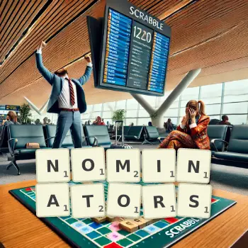 Creative illustration for a Scrabble game with the word NOMINATORS spelled out in tiles on the board.