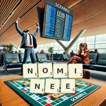 Creative illustration for a Scrabble game with the word NOMINEE spelled out in tiles on the board.
