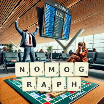Creative illustration for a Scrabble game with the word NOMOGRAPH spelled out in tiles on the board.