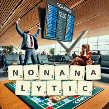 Creative illustration for a Scrabble game with the word NONANALYTIC spelled out in tiles on the board.