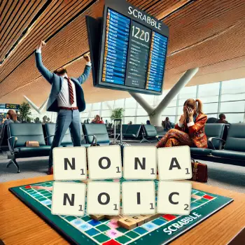 Creative illustration for a Scrabble game with the word NONANOIC spelled out in tiles on the board.