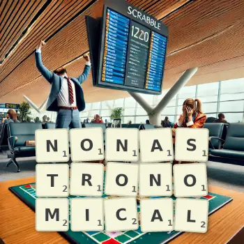 Creative illustration for a Scrabble game with the word NONASTRONOMICAL spelled out in tiles on the board.
