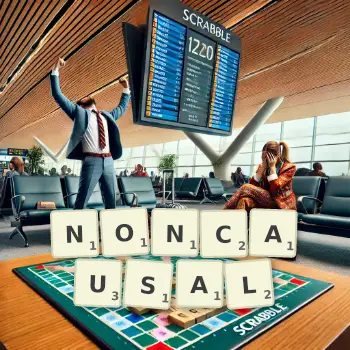 Creative illustration for a Scrabble game with the word NONCAUSAL spelled out in tiles on the board.