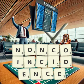Creative illustration for a Scrabble game with the word NONCOINCIDENCE spelled out in tiles on the board.