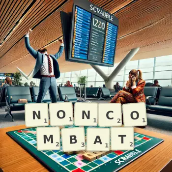 Creative illustration for a Scrabble game with the word NONCOMBAT spelled out in tiles on the board.