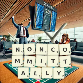 Creative illustration for a Scrabble game with the word NONCOMMITTALLY spelled out in tiles on the board.