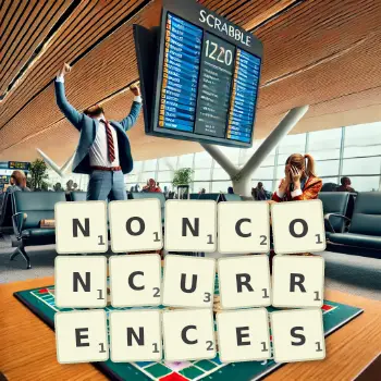 Creative illustration for a Scrabble game with the word NONCONCURRENCES spelled out in tiles on the board.