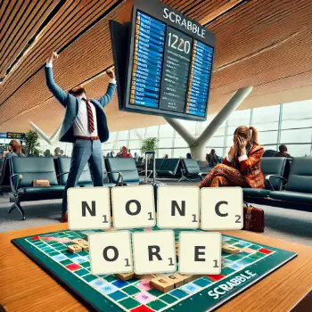 Creative illustration for a Scrabble game with the word NONCORE spelled out in tiles on the board.
