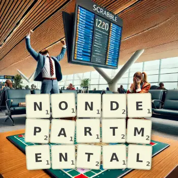 Creative illustration for a Scrabble game with the word NONDEPARTMENTAL spelled out in tiles on the board.