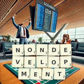 Creative illustration for a Scrabble game with the word NONDEVELOPMENT spelled out in tiles on the board.