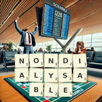 Creative illustration for a Scrabble game with the word NONDIALYSABLE spelled out in tiles on the board.