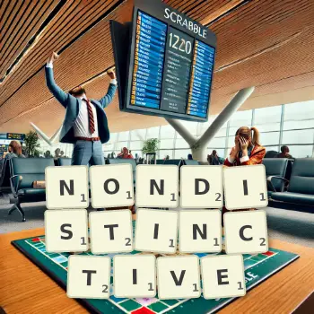 Creative illustration for a Scrabble game with the word NONDISTINCTIVE spelled out in tiles on the board.