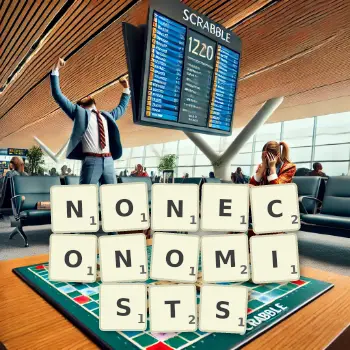 Creative illustration for a Scrabble game with the word NONECONOMISTS spelled out in tiles on the board.