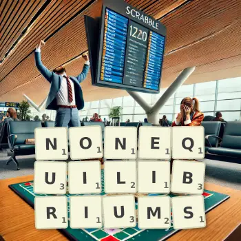 Creative illustration for a Scrabble game with the word NONEQUILIBRIUMS spelled out in tiles on the board.