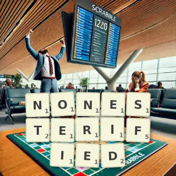 Creative illustration for a Scrabble game with the word NONESTERIFIED spelled out in tiles on the board.