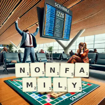 Creative illustration for a Scrabble game with the word NONFAMILY spelled out in tiles on the board.