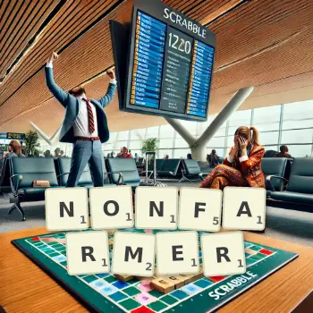 Creative illustration for a Scrabble game with the word NONFARMER spelled out in tiles on the board.
