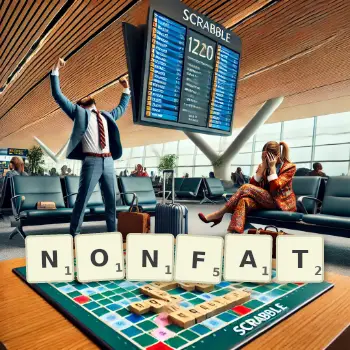 Creative illustration for a Scrabble game with the word NONFAT spelled out in tiles on the board.