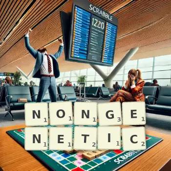Creative illustration for a Scrabble game with the word NONGENETIC spelled out in tiles on the board.