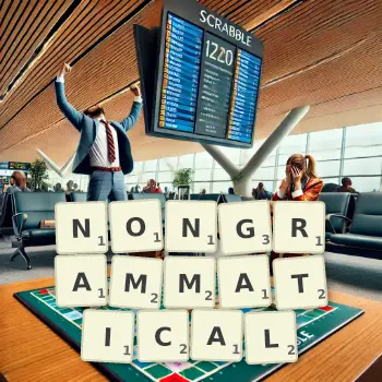 Creative illustration for a Scrabble game with the word NONGRAMMATICAL spelled out in tiles on the board.