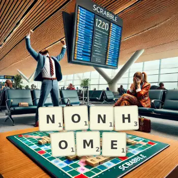 Creative illustration for a Scrabble game with the word NONHOME spelled out in tiles on the board.