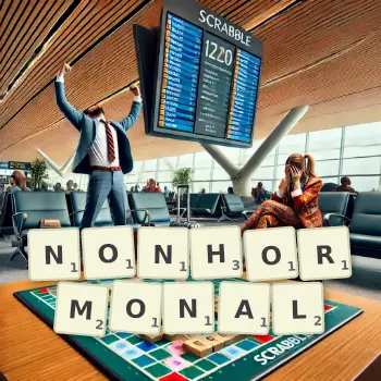 Creative illustration for a Scrabble game with the word NONHORMONAL spelled out in tiles on the board.