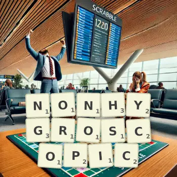 Creative illustration for a Scrabble game with the word NONHYGROSCOPIC spelled out in tiles on the board.