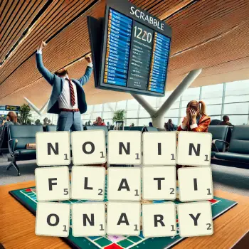 Creative illustration for a Scrabble game with the word NONINFLATIONARY spelled out in tiles on the board.