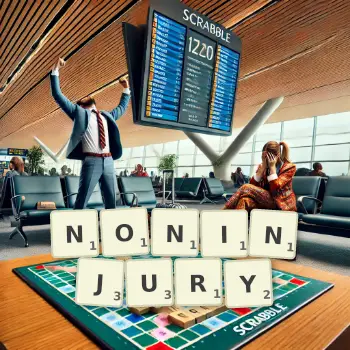 Creative illustration for a Scrabble game with the word NONINJURY spelled out in tiles on the board.