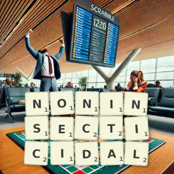 Creative illustration for a Scrabble game with the word NONINSECTICIDAL spelled out in tiles on the board.