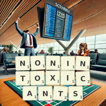 Creative illustration for a Scrabble game with the word NONINTOXICANTS spelled out in tiles on the board.