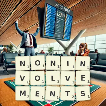 Creative illustration for a Scrabble game with the word NONINVOLVEMENTS spelled out in tiles on the board.