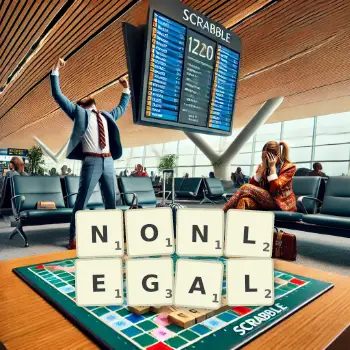 Creative illustration for a Scrabble game with the word NONLEGAL spelled out in tiles on the board.