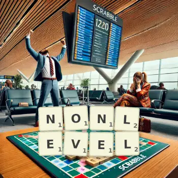 Creative illustration for a Scrabble game with the word NONLEVEL spelled out in tiles on the board.