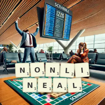 Creative illustration for a Scrabble game with the word NONLINEAL spelled out in tiles on the board.