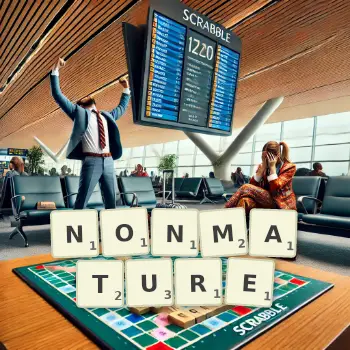 Creative illustration for a Scrabble game with the word NONMATURE spelled out in tiles on the board.
