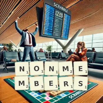 Creative illustration for a Scrabble game with the word NONMEMBERS spelled out in tiles on the board.