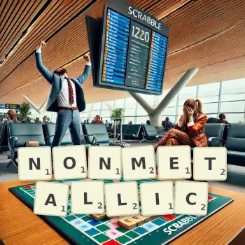 Creative illustration for a Scrabble game with the word NONMETALLIC spelled out in tiles on the board.