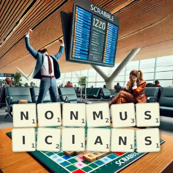 Creative illustration for a Scrabble game with the word NONMUSICIANS spelled out in tiles on the board.