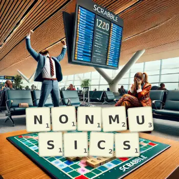 Creative illustration for a Scrabble game with the word NONMUSICS spelled out in tiles on the board.
