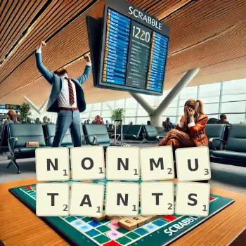 Creative illustration for a Scrabble game with the word NONMUTANTS spelled out in tiles on the board.