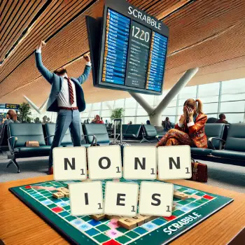 Creative illustration for a Scrabble game with the word NONNIES spelled out in tiles on the board.