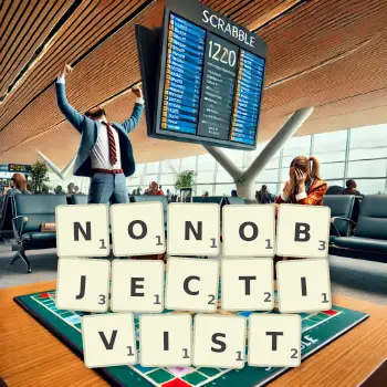 Creative illustration for a Scrabble game with the word NONOBJECTIVIST spelled out in tiles on the board.
